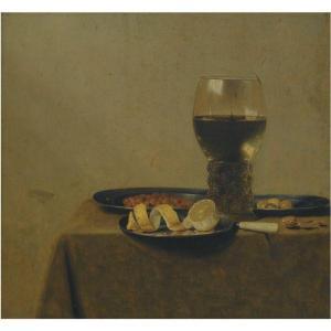 van de VELDE Jan Jansz. III 1620-1662,A STILL LIFE OF A PEELED LEMON, NUTS AND OLIVE,1641,Sotheby's 2010-12-08