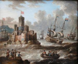 VAN DE VELDE Pieter 1634-1714,Marina con velieri e isola fortificata,Cambi IT 2024-02-15