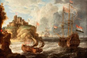 VAN DE VELDE Pieter 1634-1714,Scène de port avec barque et voiliers sur une mer ,Rossini 2020-07-16