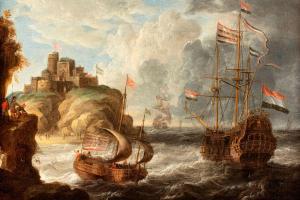 VAN DE VELDE Pieter 1634-1714,Scène de port avec barque et voiliers sur une mer ,Rossini 2020-06-09