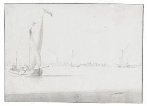 van de VELDE Willem II 1633-1707,SMALL SHIPS ON AN ESTUARY, A TOWN BEHIND,Sotheby's GB 2017-01-25