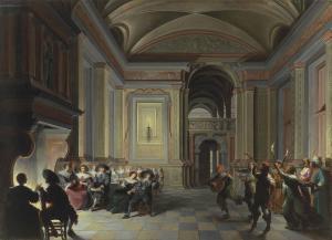 van DEELEN Dirck 1605-1671,A palatial interior with figures dining and carniv,Christie's 2013-12-03