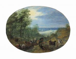 van den BERGHE Christoffel,Travelers with wagons on a country road, a city be,Christie's 2016-04-14