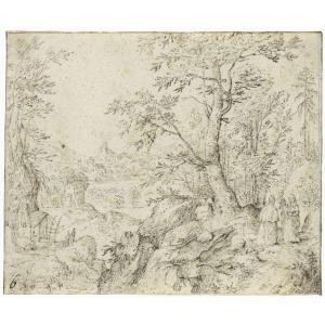 VAN DEN BOSSCHE Philips,RUGGED WOODED RIVER LANDSCAPE, WITH TRAVELLERS ON ,Sotheby's GB 2010-07-06