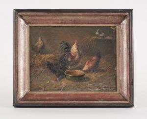 van den EYCKEN Marie 1800-1900,Coq, poules et pigeons dans le poulailler,Horta BE 2022-01-17