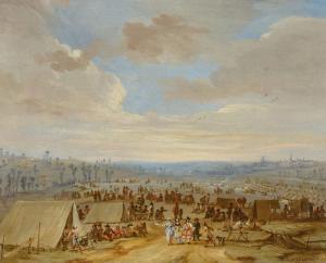 van den HOECKE Robert 1622-1668,Soldiers resting at a camp before a town,Galerie Koller 2024-03-22