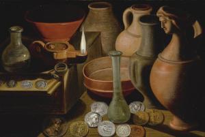 van der BORCHT Hendrik,ANCIENT COINS, GLASSWEAR AND POTS ON A TABLE-TOP W,1630,Sotheby's 2018-02-01