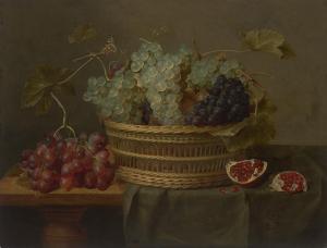 van der DOES Jacob 1623-1673,A basket of grapes and a pomegranate on a table,Christie's 2022-06-10