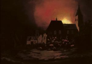 van der POEL Adriaen Lievensz 1626-1685,A burning village at night,Christie's GB 2007-05-09
