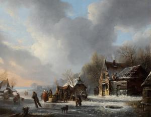 van der STOK Jacobus 1794-1864,Skaters on a frozen river near a Koek-en-zopie,Sotheby's 2021-12-15