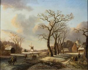 van der STOK Jacobus 1794-1864,Sonnig beleuchtete Winterlandschaft mit zugefroren,Zeller 2020-04-07