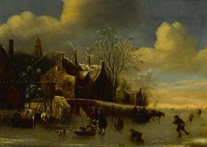 VAN DER VEEN Balthasar,A winter landscape with figures on a frozen river,Bonhams 2014-09-28