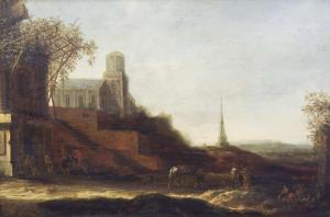 VAN DER VEEN Balthasar 1596-1657,Landschap met figuren bij een kerk,Venduehuis NL 2024-02-28