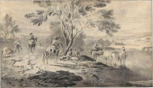 van der VINNE Vincent Jansz 1736-1811,Flusslandschaft mit Reitern und rastenden Ba,Galerie Bassenge 2022-12-02
