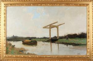 van der VLIST Leendert,River view with boat, drawbridge and walkers,Twents Veilinghuis 2022-01-06