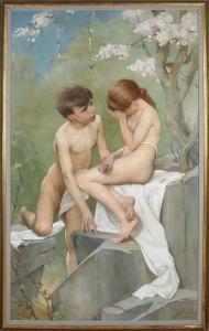 van der WAAY Nicolaas 1855-1936,Two children bathing by a stream with a blo,1910,Twents Veilinghuis 2021-04-08