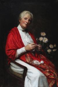van DEURS Caroline 1860-1932,Portrait of a knitting woman in a white dress wit,1917,Bruun Rasmussen 2024-01-01