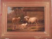 van DIEGHEM Joseph 1843-1885,a group of sheep and a cockerel beside farm build,Dawson's Auctioneers 2019-02-23