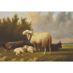 van DIEGHEM Joseph 1843-1885,SHEEP, GOAT AND ROOSTER IN PASTURE,Waddington's CA 2023-12-14