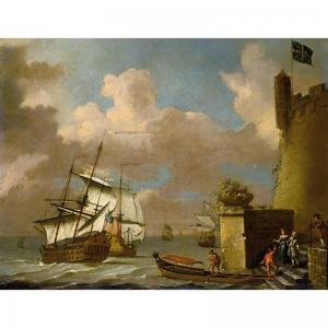 van DIEST Adriaen 1655-1704,SEASCAPE WITH ELEGANT FIGURES APPROACHING A BARGE,,Sotheby's 2005-10-04