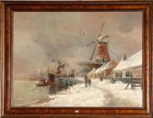 VAN DIEST Franz 1870-1910,Port animé sous la neige en Hollande,VanDerKindere BE 2012-04-24