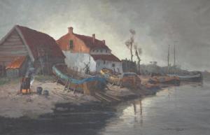 VAN DIJK Jos 1913-1987,Barges by the waterside,Venduehuis NL 2019-09-27