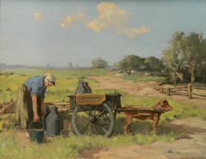 van DOORN Adrianus 1825-1903,Woman and Cart in Field,Rachel Davis US 2018-12-08