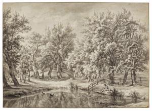 van DRIELST Egbert,Wooded landscape at Elswout, with a fisherman and ,1795,Sotheby's 2023-07-05