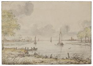 van EVERDINGEN Allart,Ships on a river with a village and a town beyond,Christie's 2023-07-04