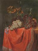 van GELDER Nicolaes,Grapes on a draped table with glasses and a clock,1676,Bonhams 2015-07-08