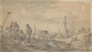 VAN GOYEN Jan Jozefsz,Personnages et voiliers au bord d\’un rivage,1653,Christie's 2024-03-20
