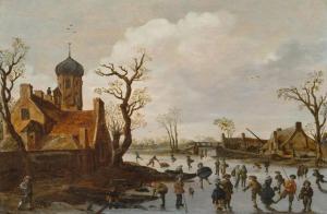 VAN GOYEN Jan Jozefsz 1596-1656,Winter landscape with ice skaters.,1649,Galerie Koller CH 2024-03-22