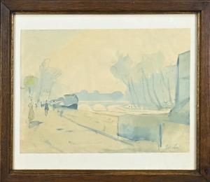 van HEEL Jan 1898-1990,City with river, figures and bridge,Twents Veilinghuis NL 2024-01-11