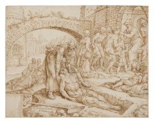 van HEEMSKERCK Maerten Jacobsz 1498-1574,Tobit burying the dead, visiting prisoners ,1566,Sotheby's 2023-01-25