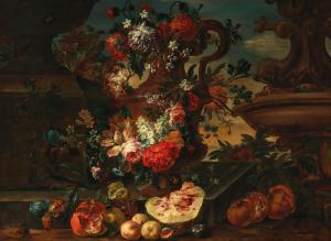 van HERCK Jacobus Melchior 1698-1735,Flowers in a sculpted vase with pomegranates ,Palais Dorotheum 2021-11-10