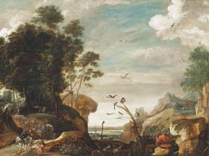 VAN HILLEGART pauwels,A wooded landscape with travellers on a path, a ma,1630,Christie's 2015-10-29