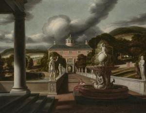 van HOOGSTRATEN Samuel,A view from a villa, with a woman seated at a foun,1668,Christie's 2023-12-08