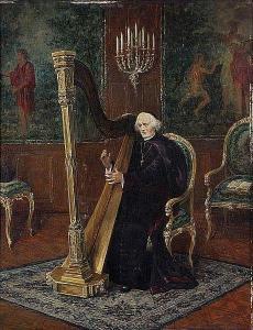 van HOORDE Louis 1886-1935,Clergyman playing the harp in interior,Bernaerts BE 2016-05-03