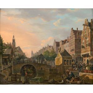Van HOVE Bartholomeus J.,Vue d'un canal d'une ville hollandaise avec une sc,Piasa 2024-04-17