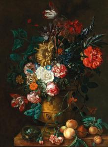 van HUYSUM Jacob,Mixed flowers in a sculpted vase with fruit and a ,Palais Dorotheum 2021-11-10