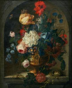 van HUYSUM Jan,Still life of flowers in a vase before a stone nic,Uppsala Auction 2023-12-12