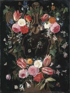 van KESSEL Jan I 1626-1679,A garland of tulips, roses, morning glory, an iris,Christie's 2006-07-07