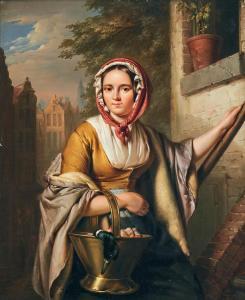 van KIERS HAANEN Elisabeth Alida,A woman carrying a pail with a duck,1844,Uppsala Auction 2022-06-15