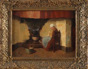van LANGEN Hendrik. Johan. Fr.,Peasant woman handcrafting by fireplace,Twents Veilinghuis 2021-04-08