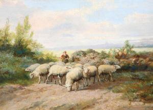 VAN LEEMPUTTEN JEF LOUIS 1831-1924,Herder met kudde schapen,Bernaerts BE 2012-03-26