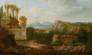 van LINT Hendrik Frans,Southern landscapes with temple ruins, figures and,Galerie Koller 2014-09-19