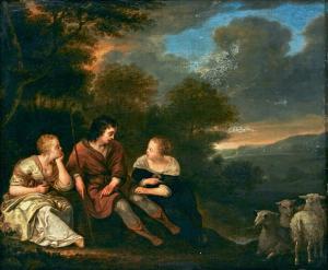 van LOO Jacob 1614-1670,Landscape with a shepherd and shepherdesses,1657,Uppsala Auction 2023-12-12