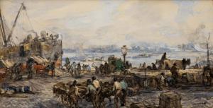 van MASTENBROEK Johann Hendrik 1875-1945,Unloading of ships on the quay along the r,1910,Venduehuis 2023-11-16