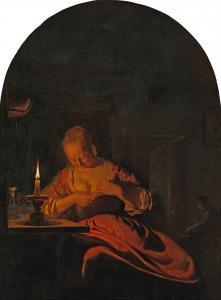 van MIERIS Frans I 1635-1681,A young woman searching for fleas by candlelight,Sotheby's 2023-07-05