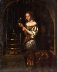 van MIERIS Frans I 1635-1681,La jeune femme au perroquet,Aguttes FR 2022-06-28